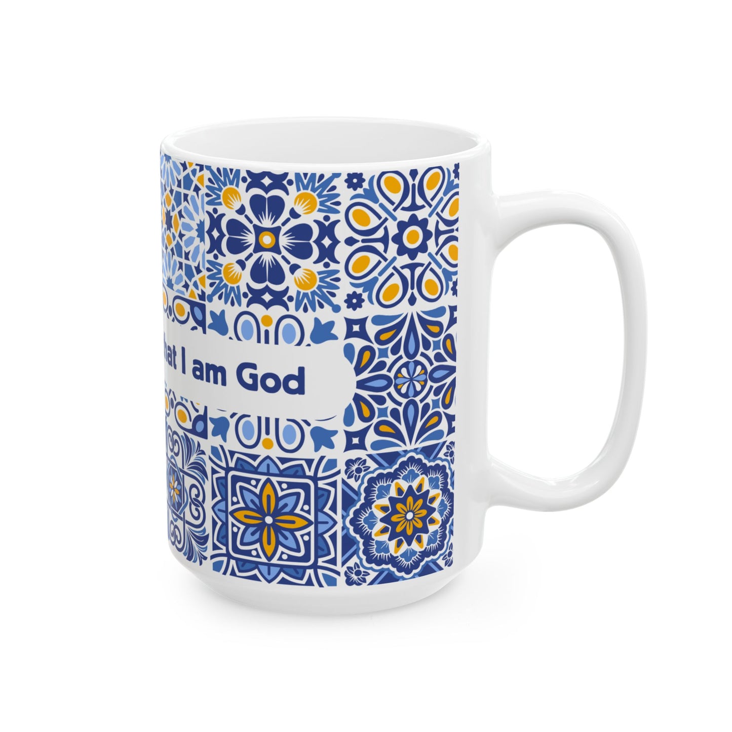 Blue Tile Pattern Ceramic Mug — Inspirational Scripture Band (11oz/15oz)