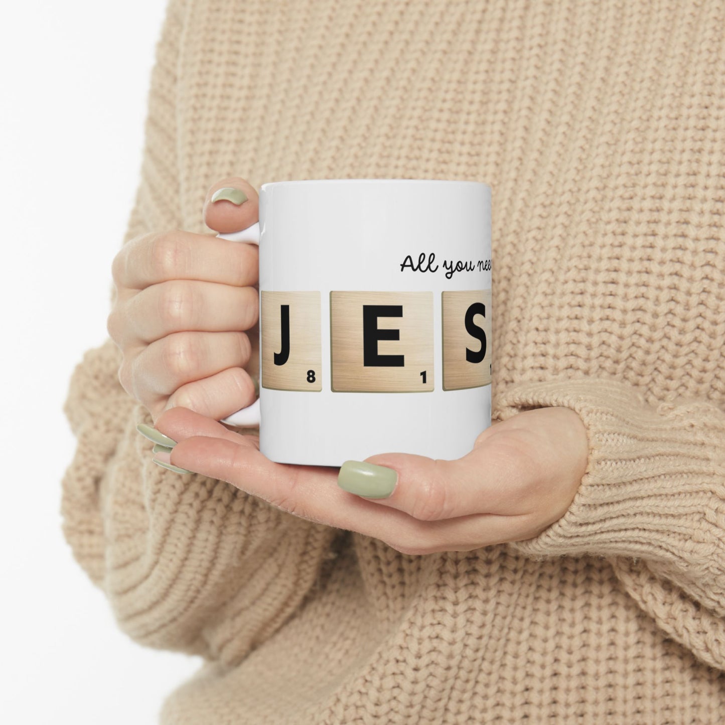 All You Need Is Jesus Ceramic Mug — Scrabble Tile Faith Coffee Cup (11oz/15oz)