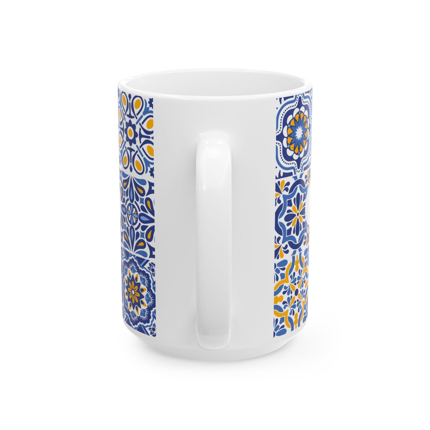 Blue Tile Pattern Ceramic Mug — Inspirational Scripture Band (11oz/15oz)