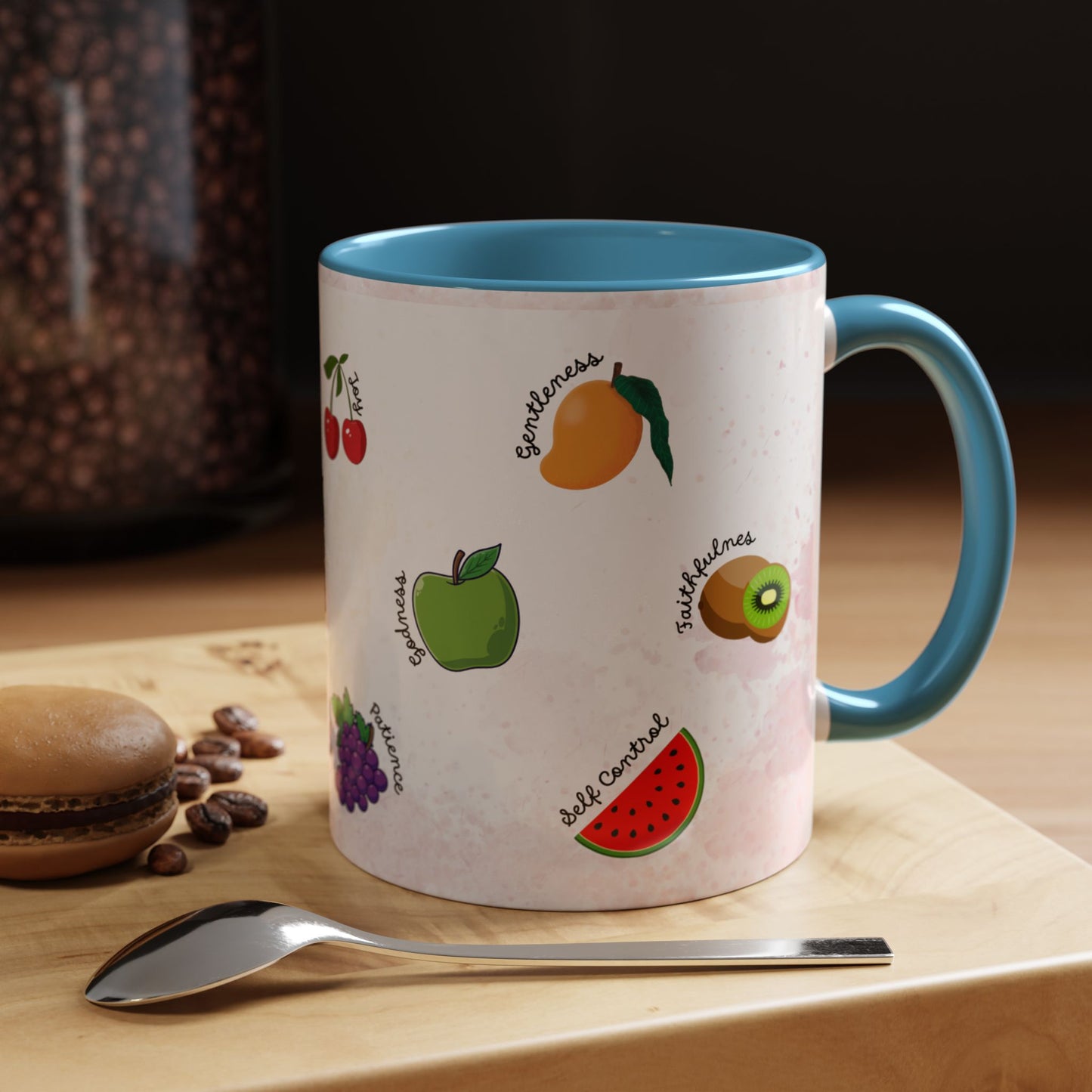Fruit of The Spirit Coffee Mug — Cute Labeled Tropical Fruit Design (11/15oz)