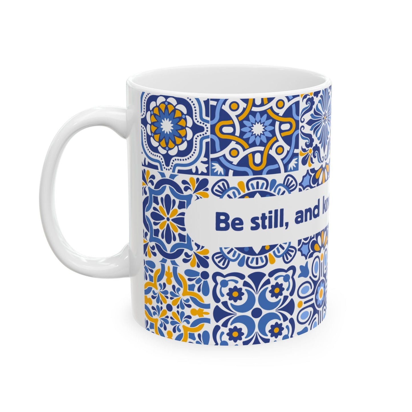 Blue Tile Pattern Ceramic Mug — Inspirational Scripture Band (11oz/15oz)