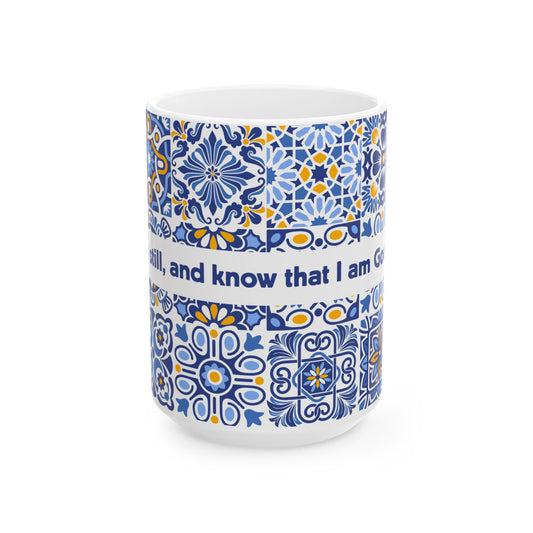Blue Tile Pattern Ceramic Mug — Inspirational Scripture Band (11oz/15oz)