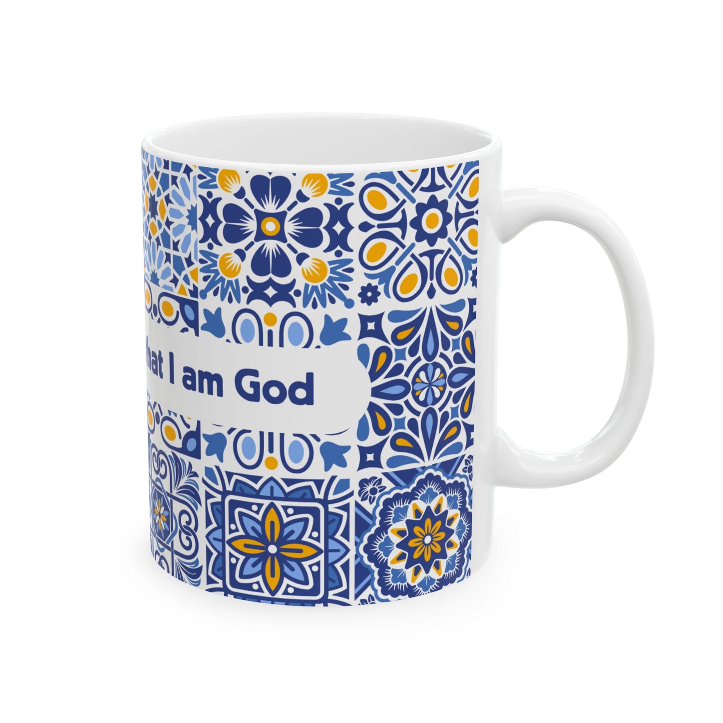 Blue Tile Pattern Ceramic Mug — Inspirational Scripture Band (11oz/15oz)