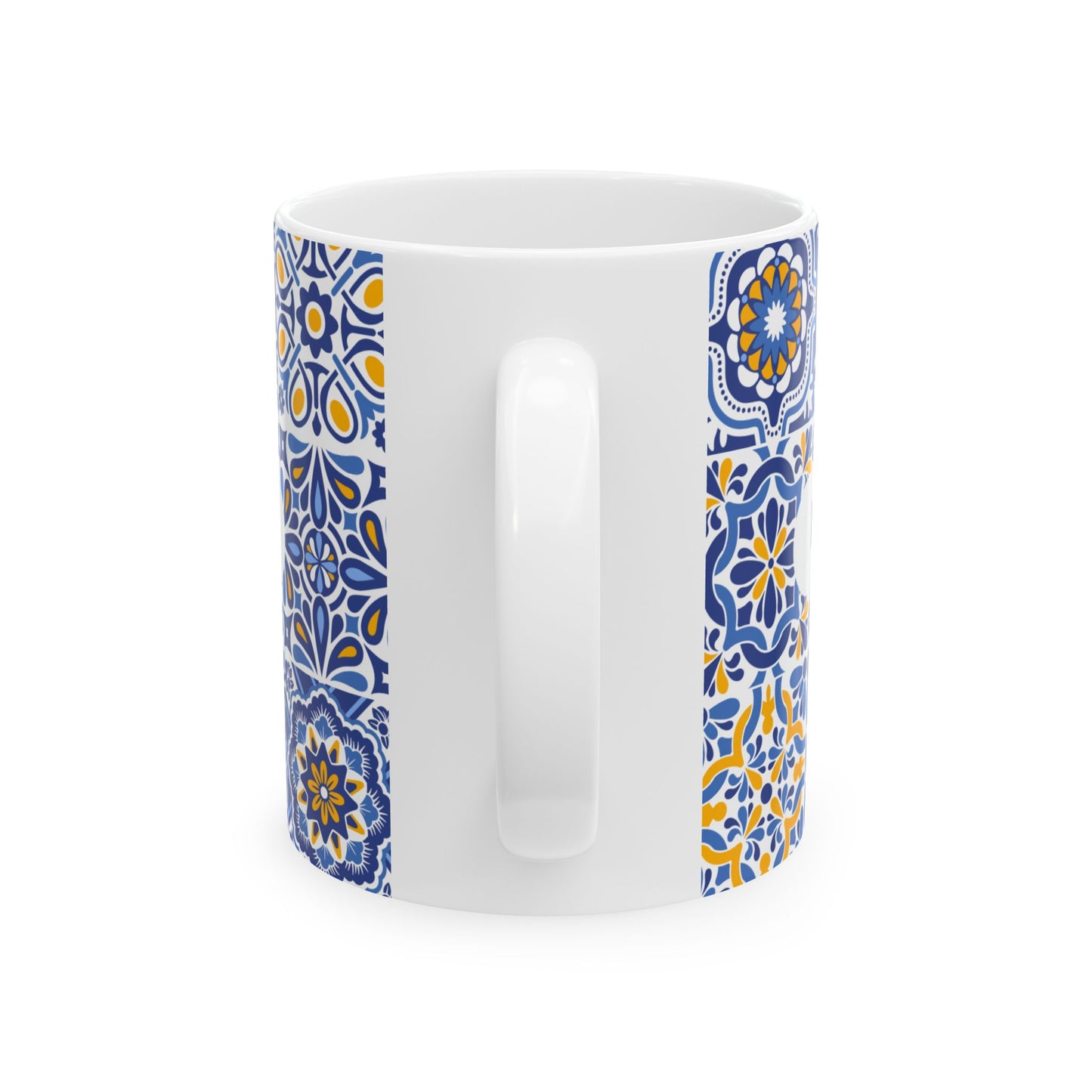 Blue Tile Pattern Ceramic Mug — Inspirational Scripture Band (11oz/15oz)