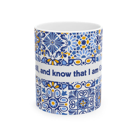 Blue Tile Pattern Ceramic Mug — Inspirational Scripture Band (11oz/15oz)