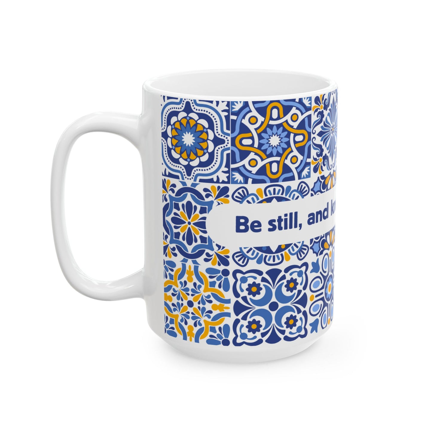 Blue Tile Pattern Ceramic Mug — Inspirational Scripture Band (11oz/15oz)