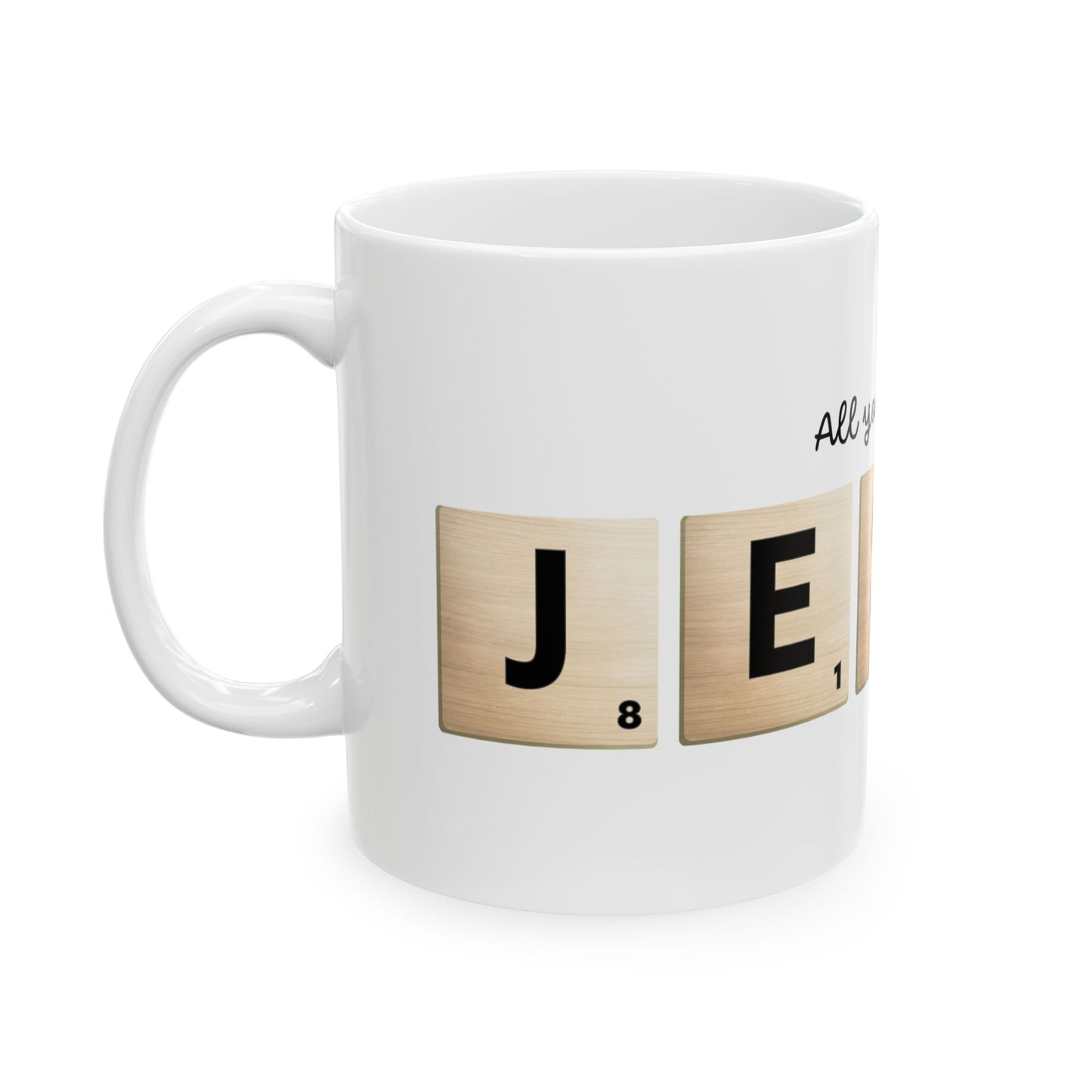 All You Need Is Jesus Ceramic Mug — Scrabble Tile Faith Coffee Cup (11oz/15oz)
